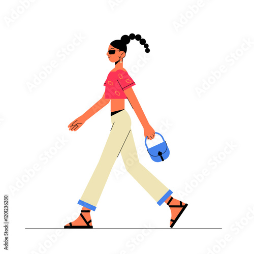 Confident Woman Walking With Blue Handbag In Flat Vector Illustration Symbolizing Fashion, Style, And Confidence, Isolated On White Background