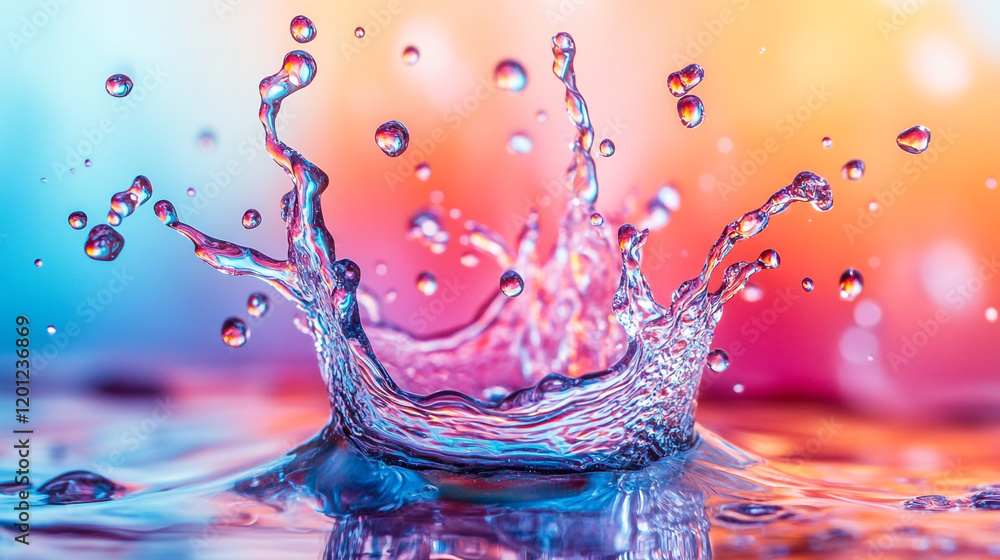 Water droplets create a vibrant splash against a colorful background at sunset Water droplets create a vibrant splash against a colorful background at sunset