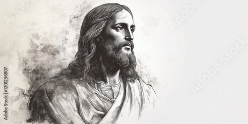 Portrait of Jesus Christ in monochrome sketch style, showcasing detailed facial features, long hair, and serene expression, symbolizing spirituality and faith photo