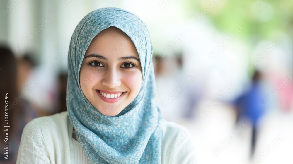 Female student in hijab smiles while participating in a lively classroom discussion, showcasing her enthusiasm for learning Female student in hijab smiles while participating in a lively classroom discussion, showcasing her enthusiasm for learning