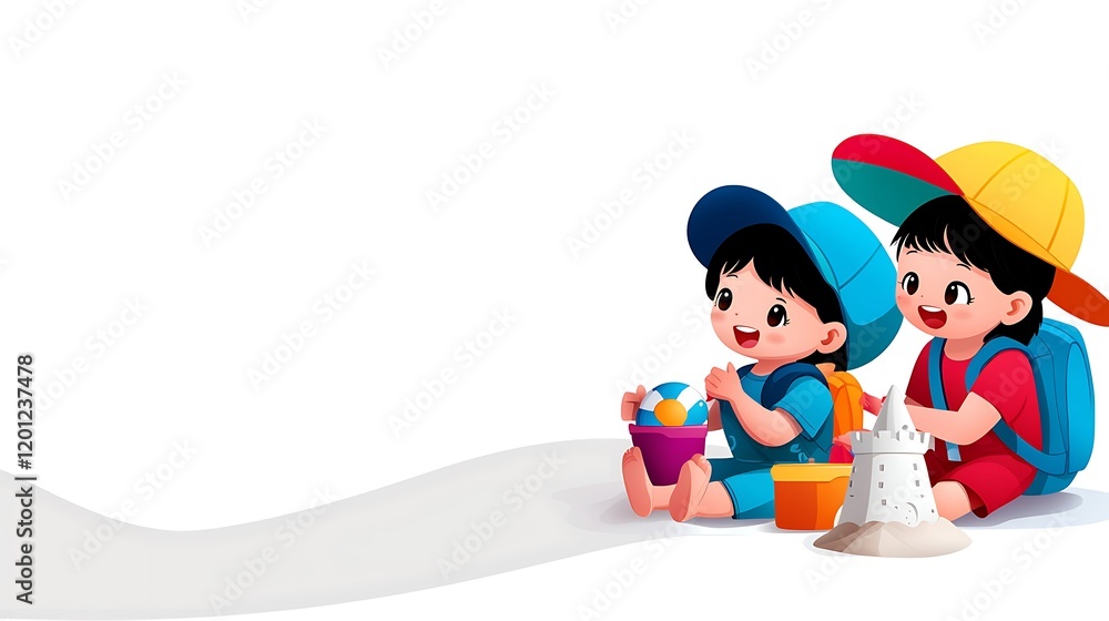 Two cheerful children building sandcastles on a sunny beach Two cheerful children building sandcastles on a sunny beach
