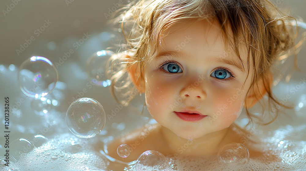 A little girl with wet hair sitting in a bubble bath. There are a lot of soap bubbles around her. A little girl with wet hair sitting in a bubble bath. There are a lot of soap bubbles around her.