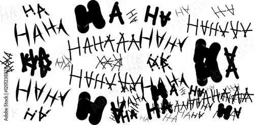 scribbled text background with hahaha and scary sentences, laughter and grunge text,haha, black and white