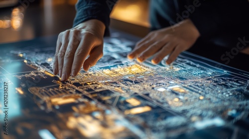 A person interacts with a glowing digital interface, showcasing intricate data patterns and technology.