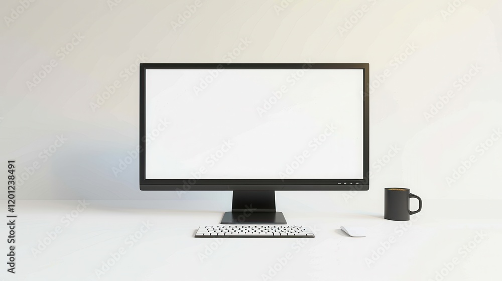 Minimalist Desktop Computer Setup with White Screen, Keyboard and Mouse Minimalist Desktop Computer Setup with White Screen, Keyboard and Mouse