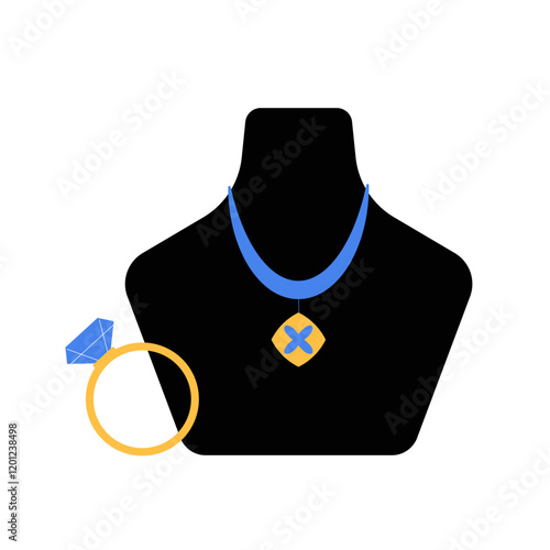 Necklace Display With Blue Pendant And Gold Ring In Flat Vector Illustration Symbolizing Jewelry, Accessories, And Luxury, Isolated On White Background.