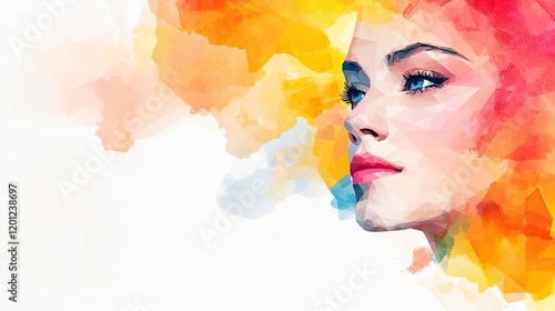 Polygon watercolor concept. A vibrant watercolor portrait capturing a woman's introspective and artistic expression.