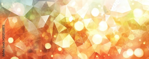 Polygon watercolor concept. Abstract colorful background with geometric shapes and light bokeh effects.