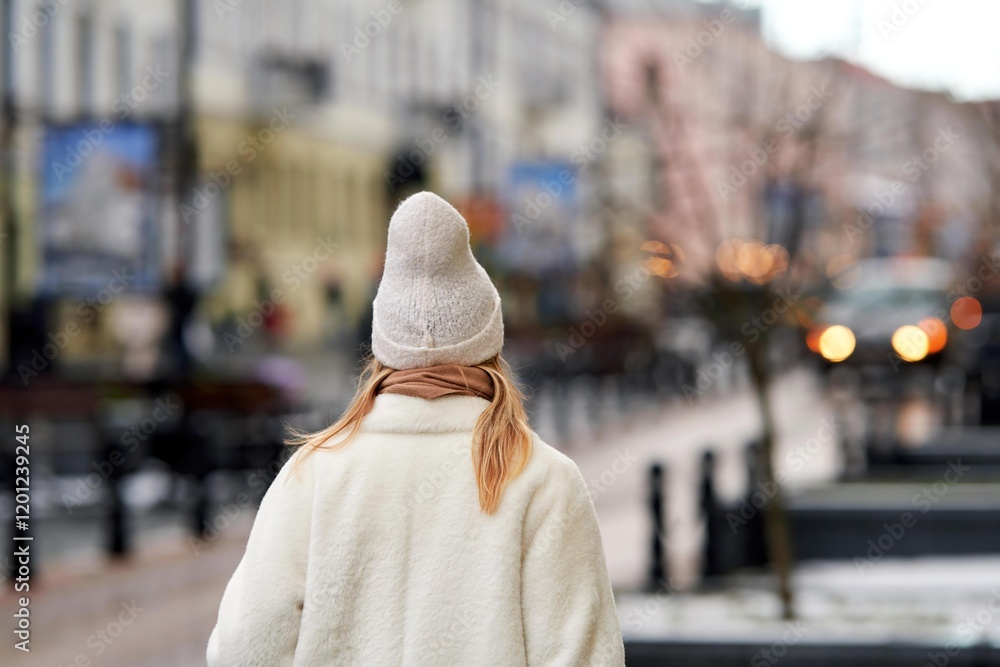 Woman dressed for winter exploring the city in cold weather. Woman walking alone back view. Winter day with fashionable woman dressed in warm coat and knitted hat strolling through city street Woman dressed for winter exploring the city in cold weather. Woman walking alone back view. Winter day with fashionable woman dressed in warm coat and knitted hat strolling through city street