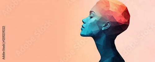 Polygon watercolor concept. A vibrant digital art representation of a woman's profile with geometric colors.