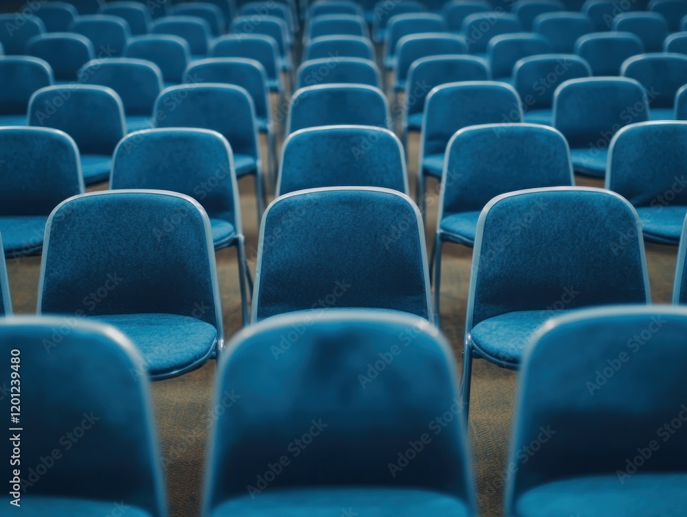 Naklejka premium Rows of Empty Blue Chairs Awaiting an Event or Presentation, Showing a sense of order