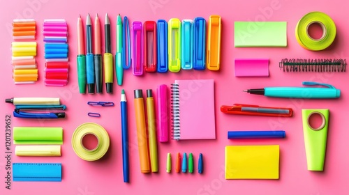 A colorful arrangement of highlighters, sticky notes, and washi tape rolls on a soft pink background