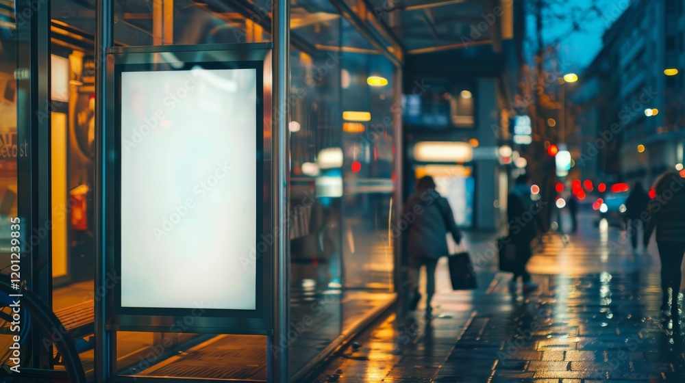 Design a close-up nighttime scene of a sleek bus stop The main element is a brightly lit Design a close-up nighttime scene of a sleek bus stop The main element is a brightly lit