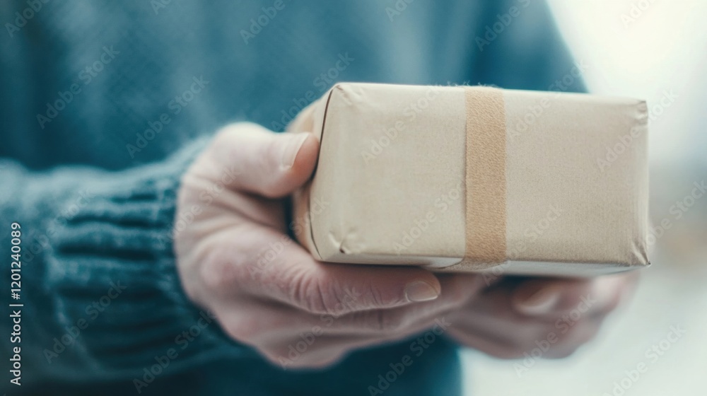 A person is holding a neatly wrapped package as they prepare for a hand-to-hand delivery in bright daylight, showcasing attention to detail A person is holding a neatly wrapped package as they prepare for a hand-to-hand delivery in bright daylight, showcasing attention to detail