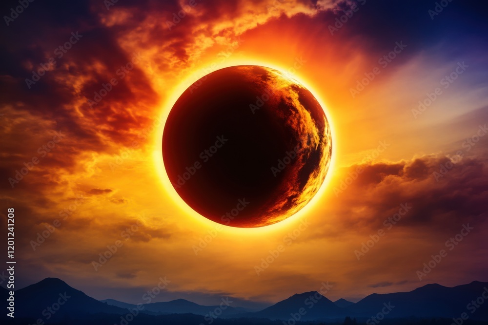 Obraz premium Fiery Celestial Eclipse Over Majestic Mountains