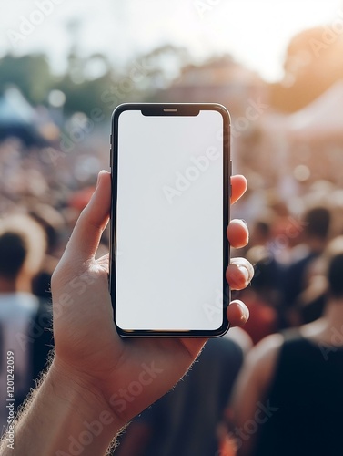 Hand holding a smartphone with a blank screen in a vibrant outdoor crowd setting.