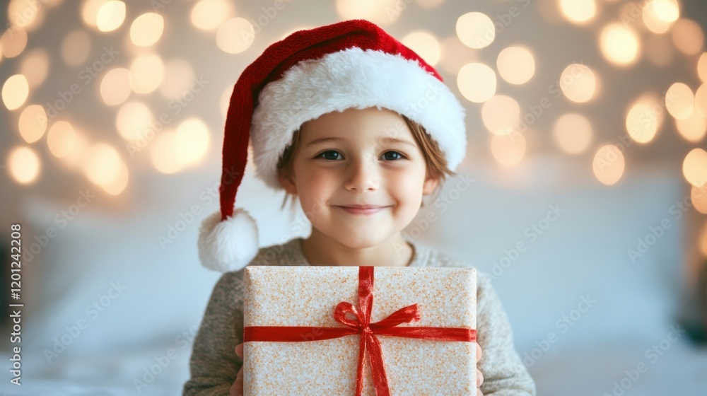 A cheerful child sits in bed, excitedly holding a beautifully wrapped Christmas gift, surrounded by warm, twinkling lights A cheerful child sits in bed, excitedly holding a beautifully wrapped Christmas gift, surrounded by warm, twinkling lights