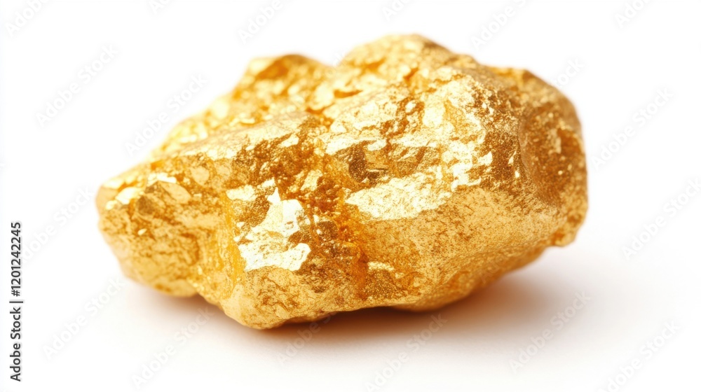 This striking gold nugget showcases its remarkable luster and rugged surface against a clean white background, emphasizing its natural beauty This striking gold nugget showcases its remarkable luster and rugged surface against a clean white background, emphasizing its natural beauty
