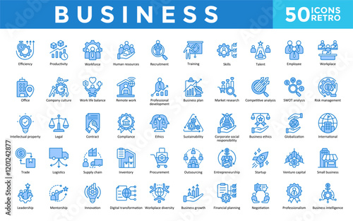 Business icon set with efficiency, productivity, workforce, human resources, recruitment, training, skills, talent, employee, workplace icon. Simple retro vector 
