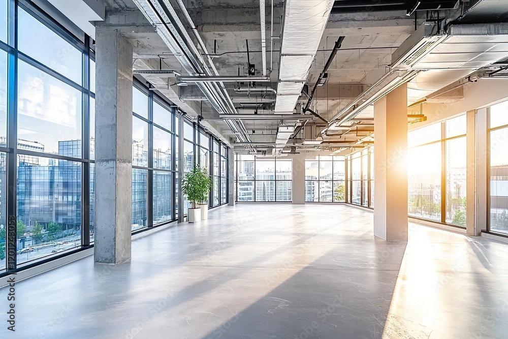 Obraz premium Beautiful, empty interior of a new office building under construction. This space concept features a concrete floor and ceiling with windows open spaces