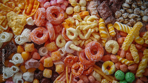 Colorful assortment of various snacks and candies arranged in an attractive flat lay display photo