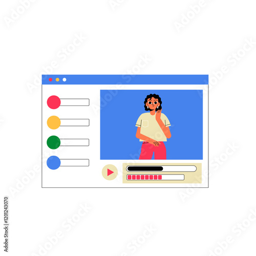 Woman Appearing In Online Video Player In Flat Vector Illustration Symbolizing Content Creation, Digital Media, And Online Communication, Isolated On White Background