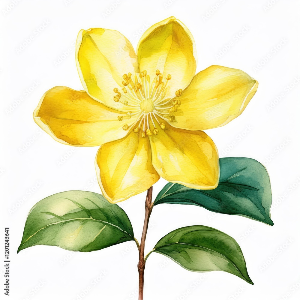 Vibrant Yellow Flower Blossom with Lush Green Leaves Watercolor Botanical Illustration Vibrant Yellow Flower Blossom with Lush Green Leaves Watercolor Botanical Illustration