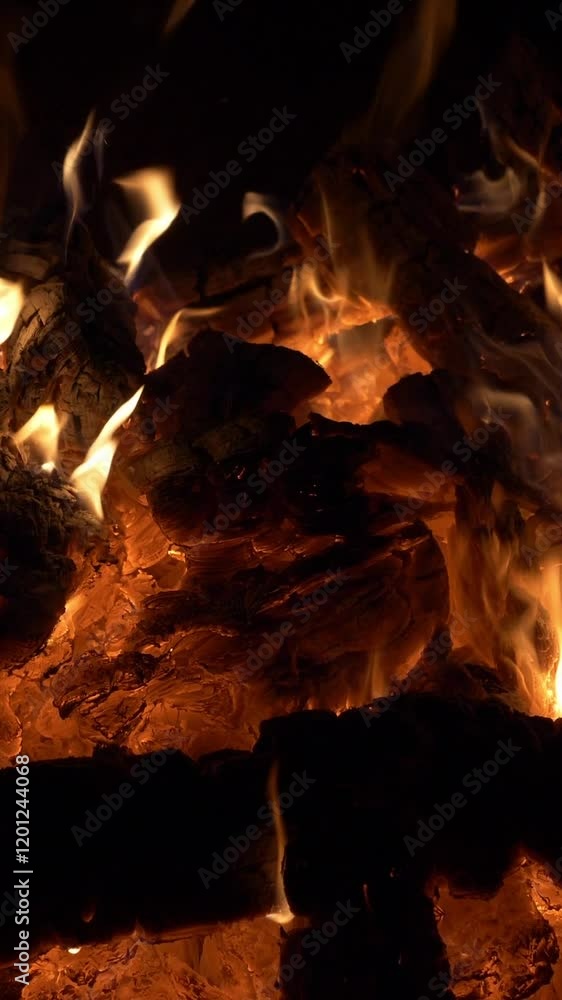 Flickering flames engulf glowing embers in a cozy campfire setting. Vertical Flickering flames engulf glowing embers in a cozy campfire setting. Vertical