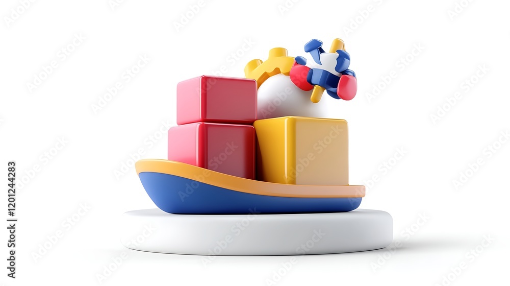 Colorful 3D Render of Cargo Ship with Packages Representing Global Shipping and Logistics Colorful 3D Render of Cargo Ship with Packages Representing Global Shipping and Logistics