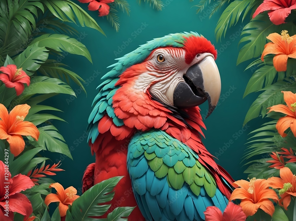 Fototapeta premium Colorful macaw parrot posing among tropical flowers and leaves. AI generated
