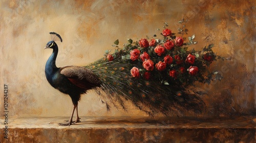 Elegant peacock with rose-adorned feathers in classic portrait. The 14th of February. Happy Valentine's Day
