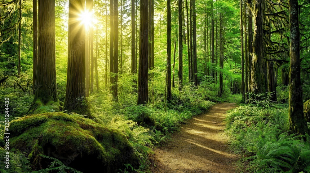Obraz premium Serene Forest Pathway: Sunlight Dappling Through Ancient Trees