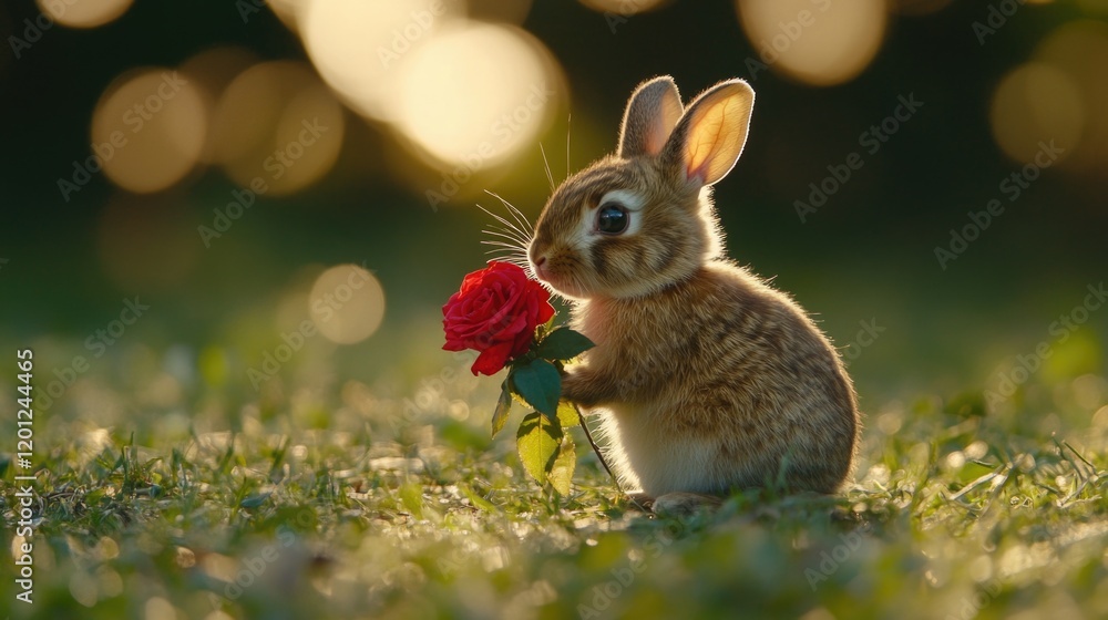Adorable baby rabbit holding a red rose in sunlit grass. Easter, Pascha, Paskha, Ostern, Pascua, Paques - Orthodox and Catholic Holiday celebration Adorable baby rabbit holding a red rose in sunlit grass. Easter, Pascha, Paskha, Ostern, Pascua, Paques - Orthodox and Catholic Holiday celebration
