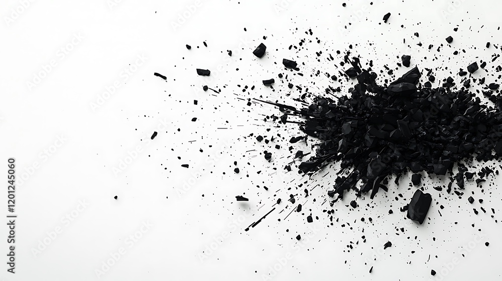 A pile of black charcoal dust scattered on a white background, creating a stark contrast and emphasizing texture. A pile of black charcoal dust scattered on a white background, creating a stark contrast and emphasizing texture.