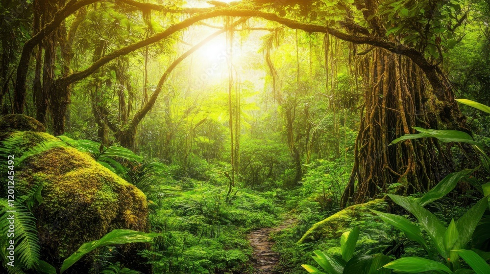 Fototapeta premium Stunning Tropical Rainforest Scene: Lush Green Foliage, Sunlight, and Tranquil Ambiance