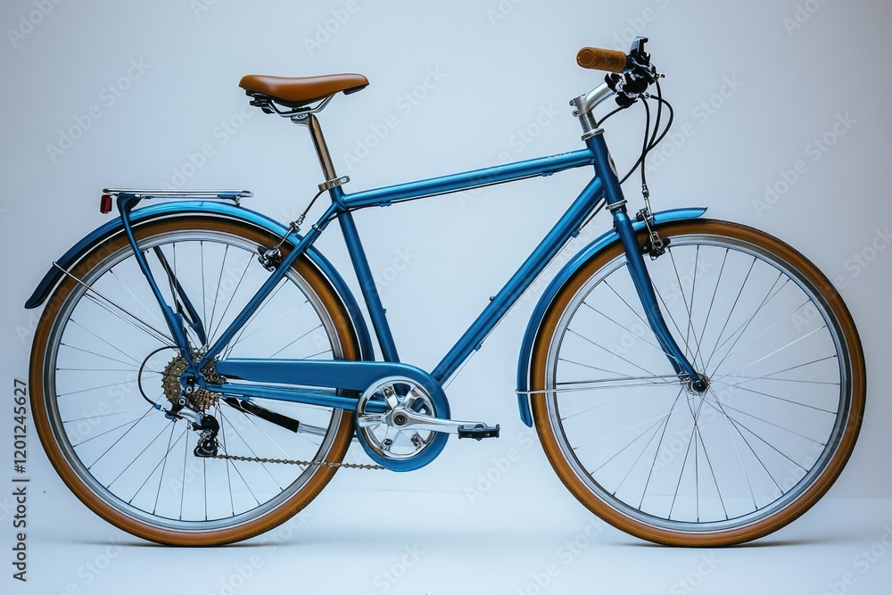 A blue bicycle with a brown seat sitting on a white background, ideal for use in editorial or advertising contexts A blue bicycle with a brown seat sitting on a white background, ideal for use in editorial or advertising contexts