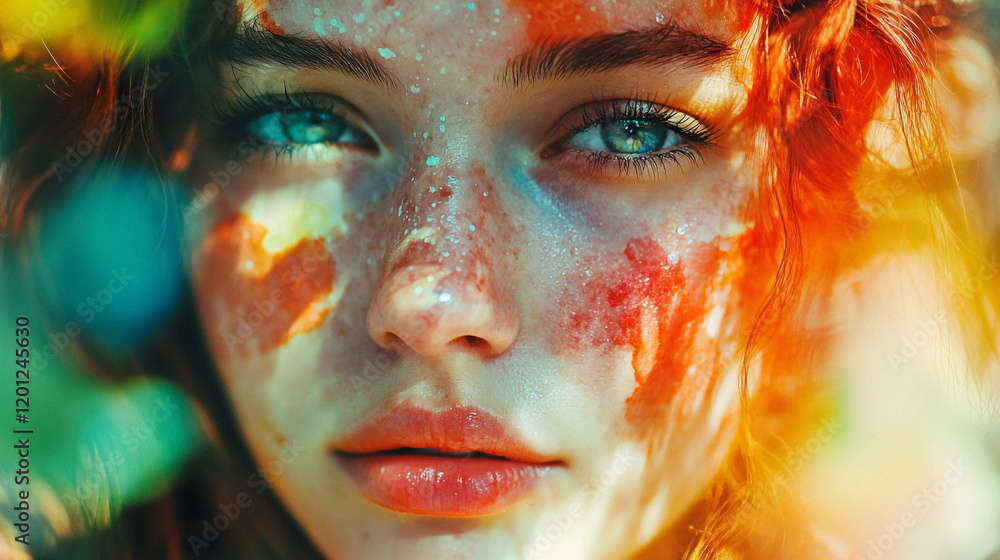 Young woman with colorful face paint surrounded by vibrant foliage in natural light Young woman with colorful face paint surrounded by vibrant foliage in natural light