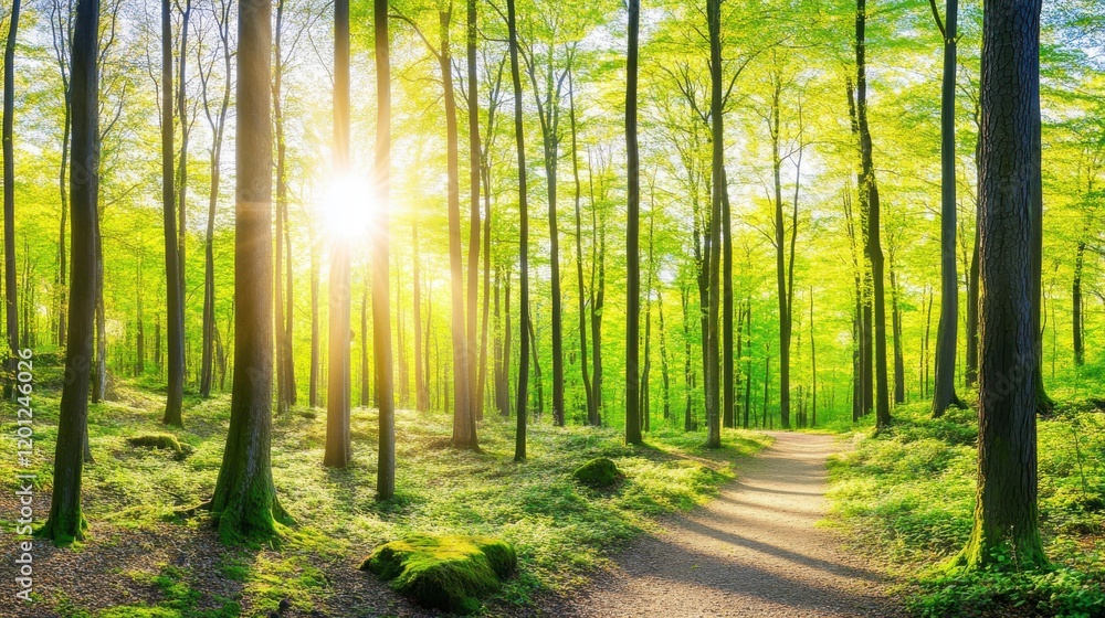 Obraz premium Serene Spring Forest Path: Sunlight Dappled Woodland Trail