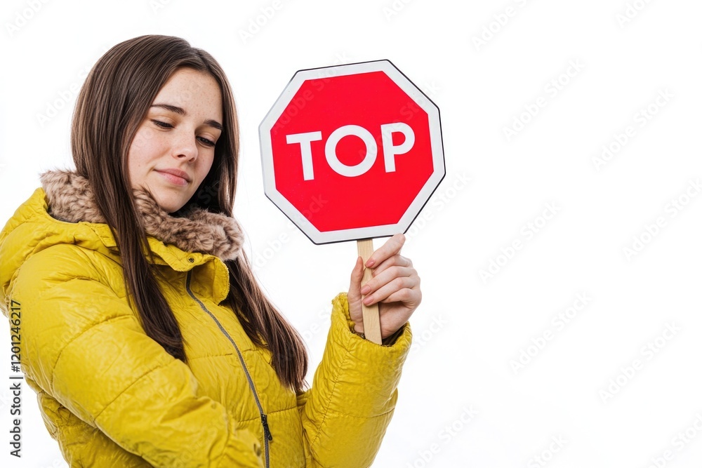 A woman wearing a yellow jacket holds up a stop sign, conveying caution and alertness A woman wearing a yellow jacket holds up a stop sign, conveying caution and alertness