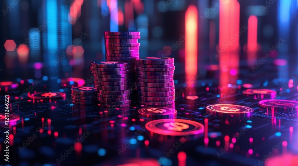 Cryptocurrency stacks on digital network with neon lights, digital money, Generated AI Cryptocurrency stacks on digital network with neon lights, digital money, Generated AI