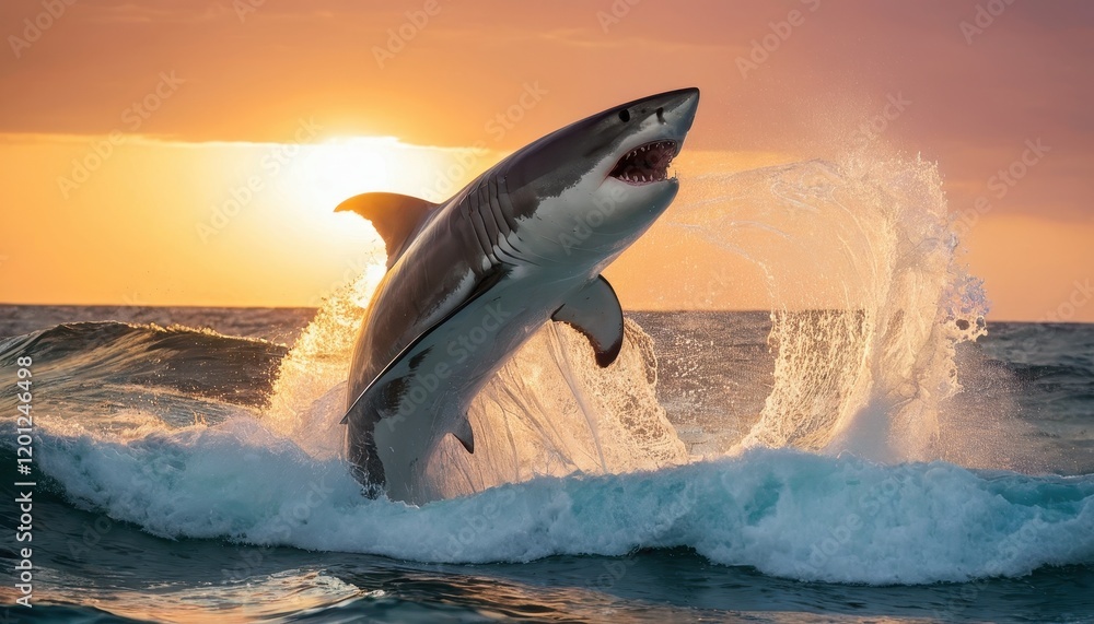 Fototapeta premium Powerful great white shark leaps out of the water, illuminated by the glowing sunset, showcasing nature's raw beauty and strength against the backdrop of the ocean waves