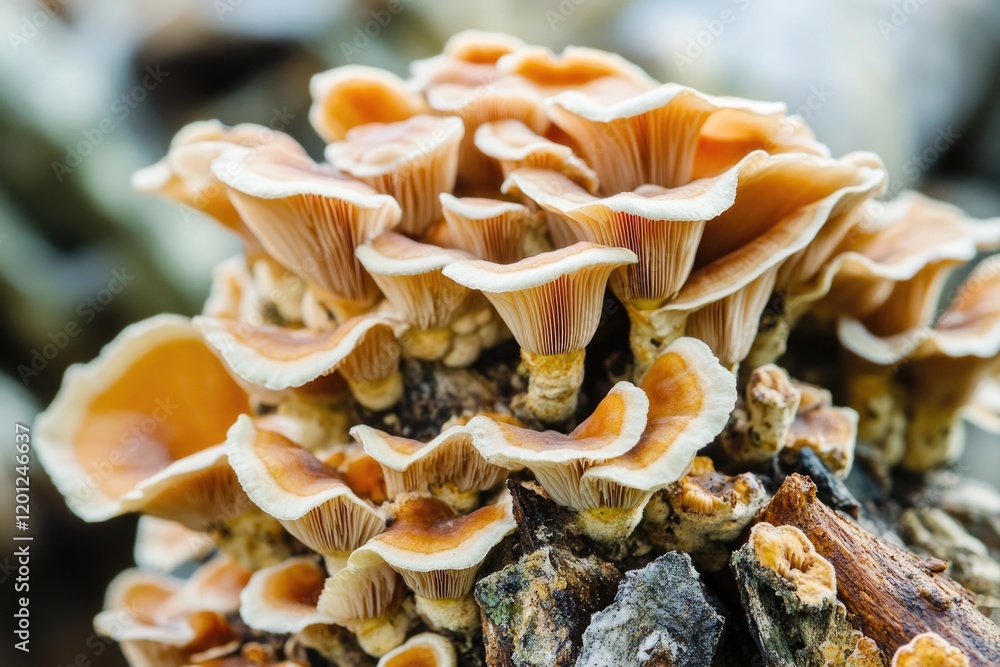 Close-up of various mushrooms growing on a decaying tree stump in a forest Close-up of various mushrooms growing on a decaying tree stump in a forest