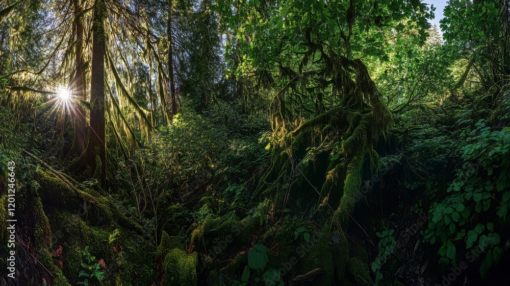 Fototapeta premium Sunlight Illuminating a Lush Forest; A Majestic Green Canopy, Sunlight Rays, and Tranquil Mossy Landscape; A Deep Dive into Nature's Embrace