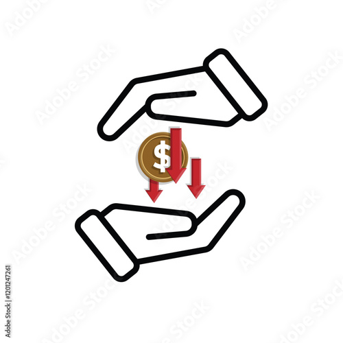 coin icon. money weakens or falls in hand. money management vector, business and finance icon, showing continuous movement. Mixed design style