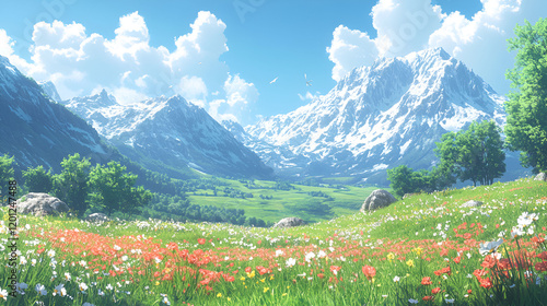 Vibrant Flower Meadow Amidst Majestic Snow Capped Mountains