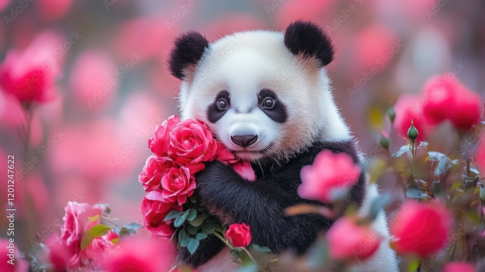 Naklejka premium Cute panda holding pink roses in a blossoming garden scene. The 14th of February. Happy Valentine's Day