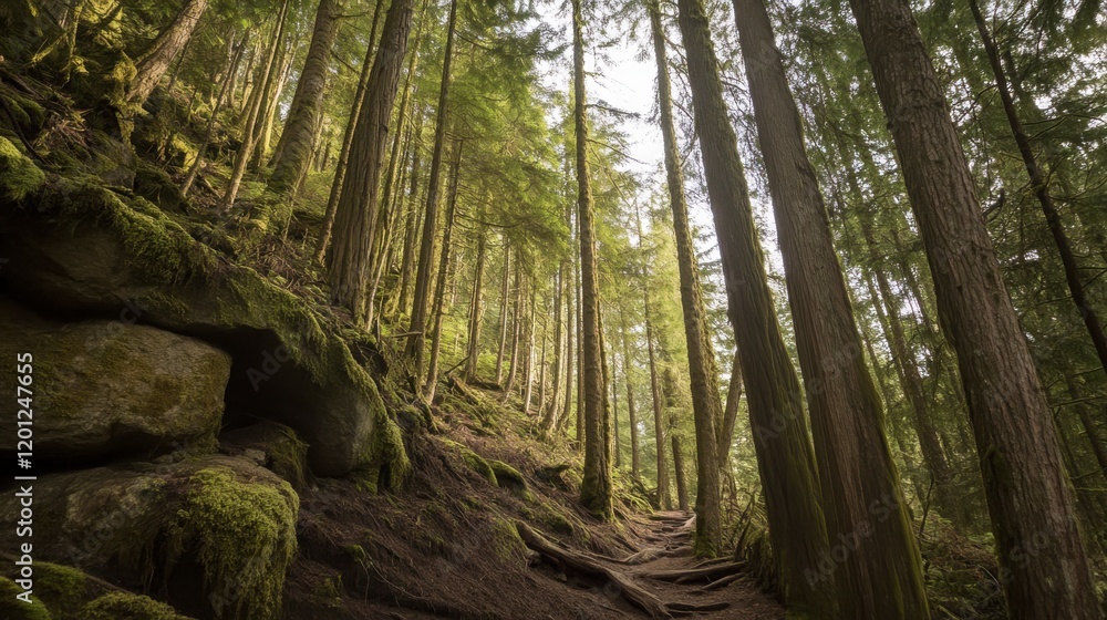 Fototapeta premium Serene Forest Path: Sunlight Dapples Through Ancient Trees