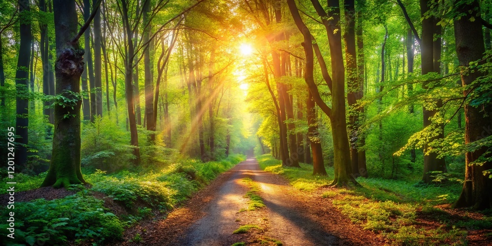 Naklejka premium Magical Forest Path: Sunbeams Through Trees, Bokeh Effect Stock Photo