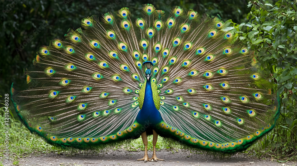 Obraz premium Beautiful Peacock Displaying Its Colorful Fan Of Feathers In A Natural Forest Setting, Highlighting The Vibrant Patterns. Generative AI
