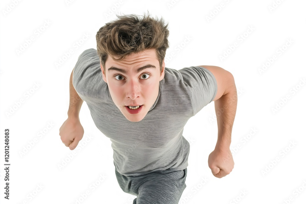 Young athlete running forward with an intense expression on a white background, embodying concepts of fitness, determination, and athletic pursuit Young athlete running forward with an intense expression on a white background, embodying concepts of fitness, determination, and athletic pursuit